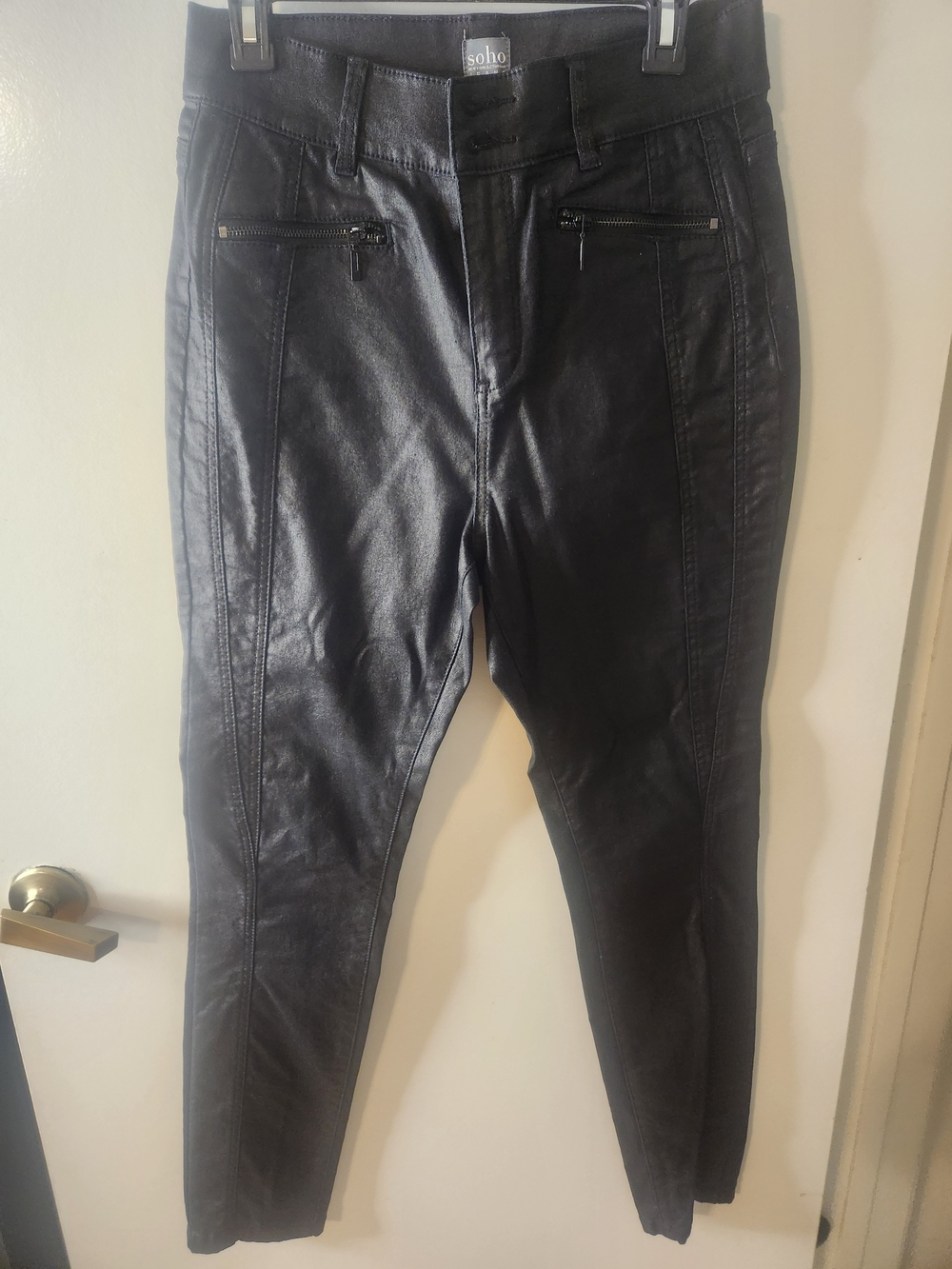 Soho Black Faux Leather Skinny Pants with Zip Front Pockets